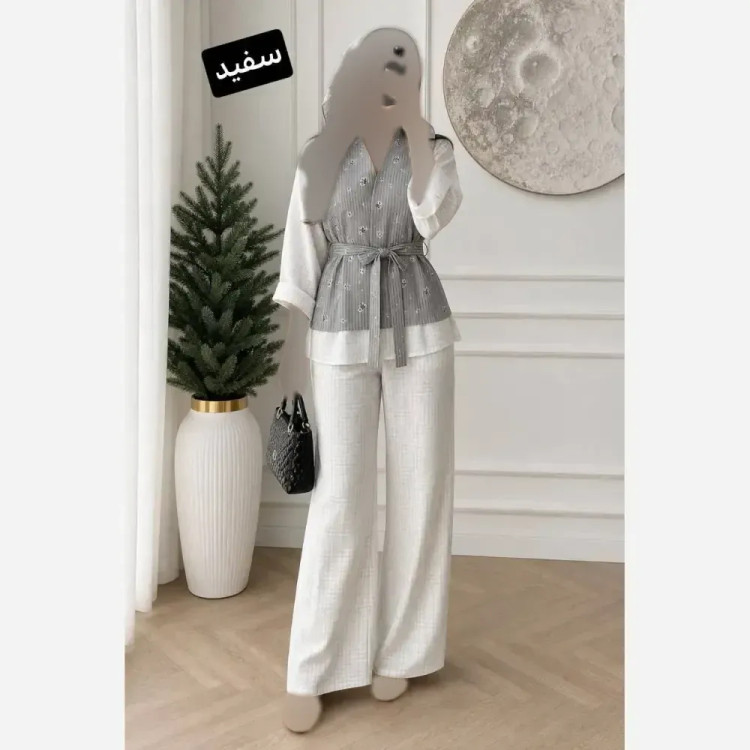 ست سه تیکه زنانه مدل مهرانه شامل وست، شومیز و شلوار فری سایز