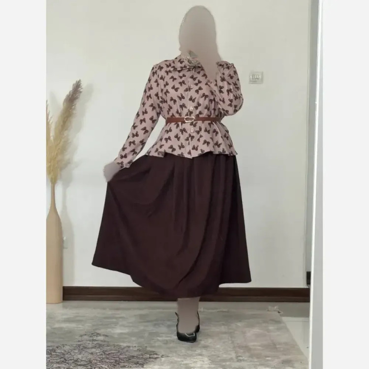 ست شومیز پاپیون و دامن زنانه فری سایز کرپ موهر و کرپ باربی