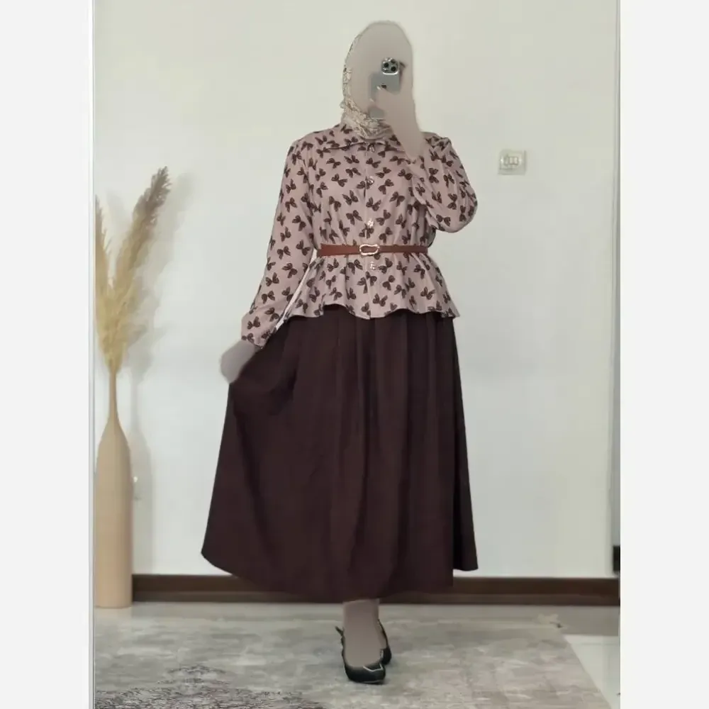 ست شومیز پاپیون و دامن زنانه فری سایز کرپ موهر و کرپ باربی