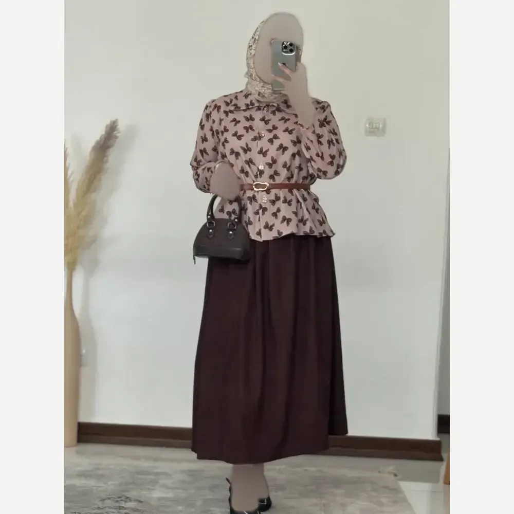 ست شومیز پاپیون و دامن زنانه فری سایز کرپ موهر و کرپ باربی