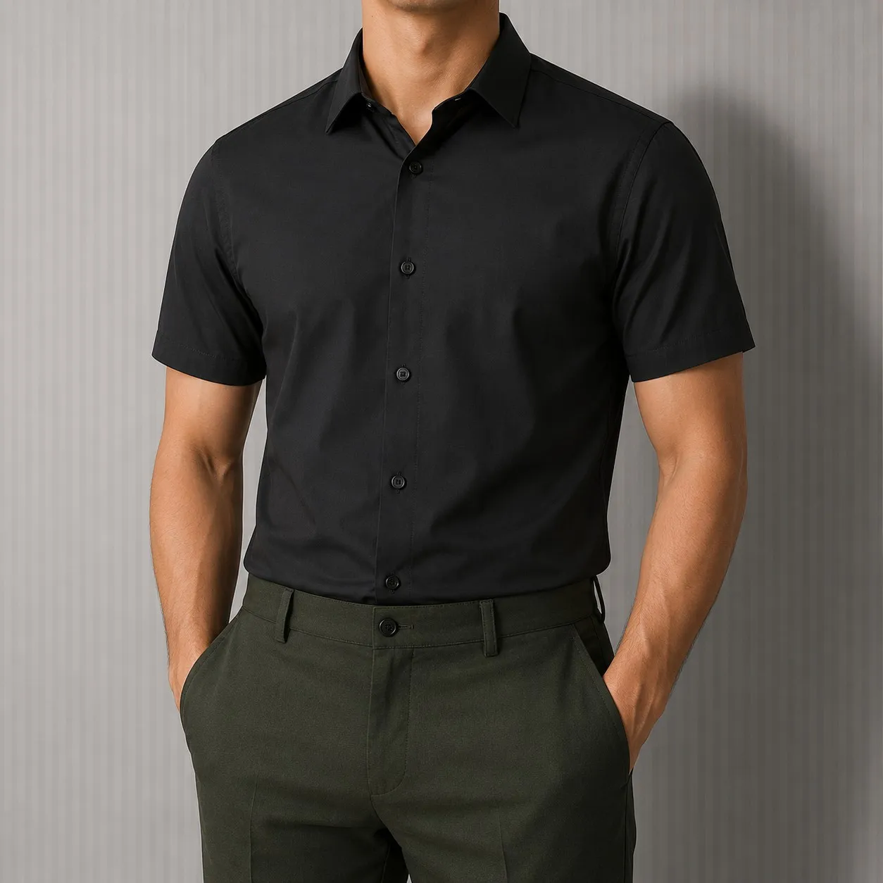 پیراهن آستین کوتاه مردانه مشکی جنس بنگال کشی اندامی