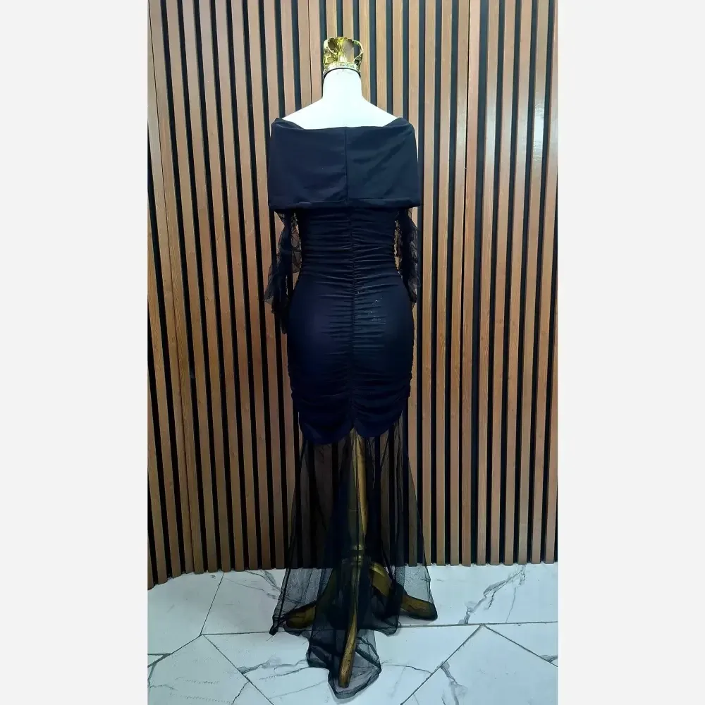 پیراهن مجلسی زنانه مدل هاریکا جنس فلامنت و تور رنگ مشکی قد 150
