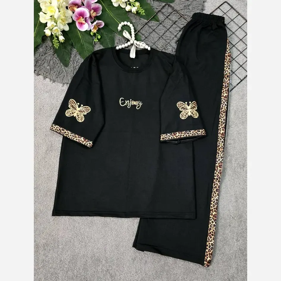 ست تیشرت و شلوار زنانه مدل گیلدا جنس پنبه گلکسی رنگ مشکی فری سایز 38 تا 46 (3)