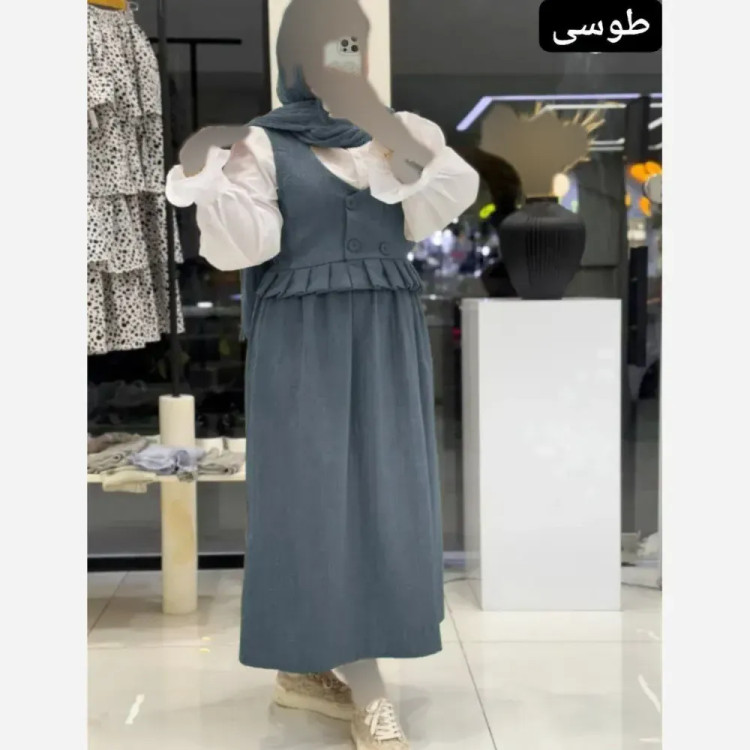 ست سه تیکه زنانه مدل عسل شامل وست و دامن شانتون و شومیز داکرون سایز بزرگ تا 48
