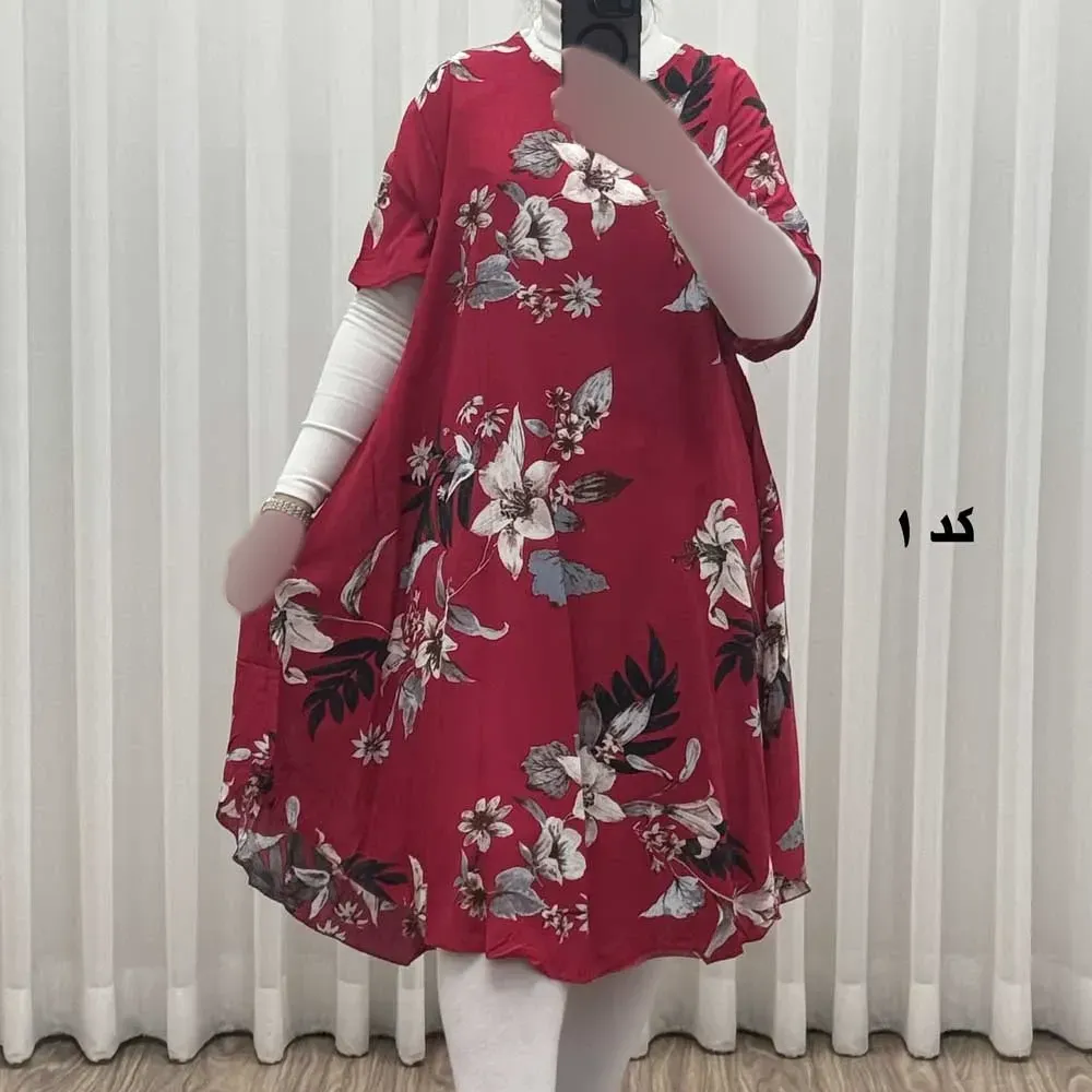 پیراهن ساحلی زنانه نخی آستین کوتاه فری سایز مناسب تا سایز 52 (2)