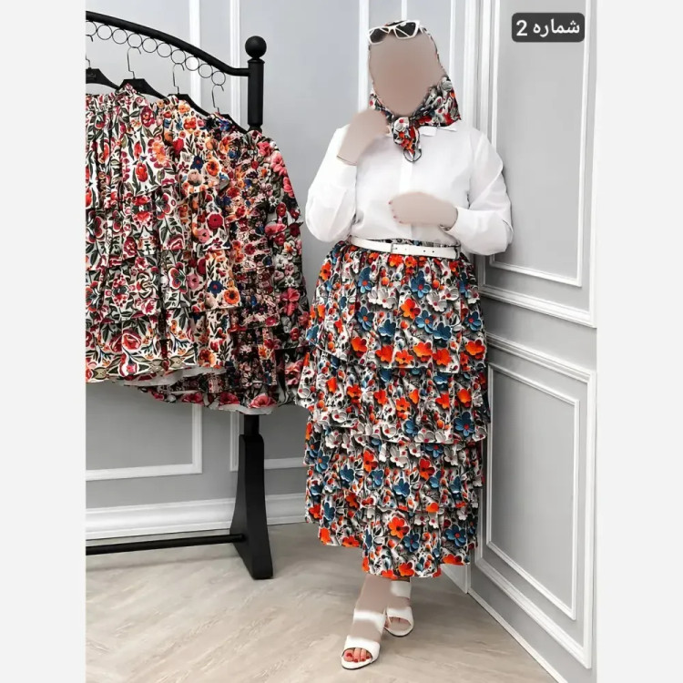 ست دامن چهار طبقه مازراتی و اسکارف فری سایز 36 تا 48