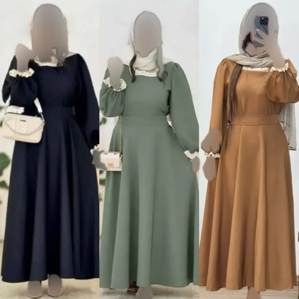 پیراهن زنانه بلند شانتون سوفیا فری سایز مدل دریا با یقه و سر آستین گیپور دانتل