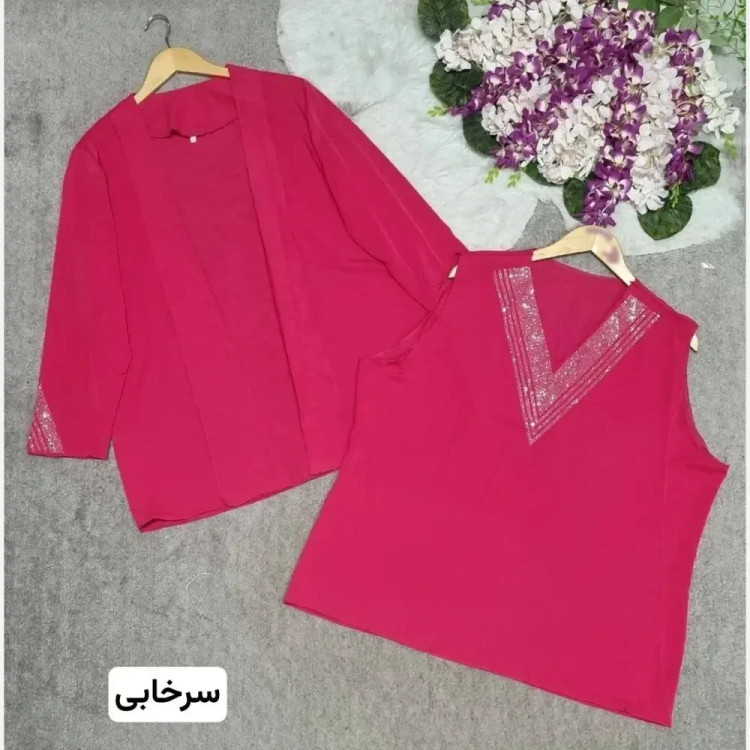 شومیز دوتیکه زنانه مدل ماهرو جنس الیزه درجه یک با نگین کاری