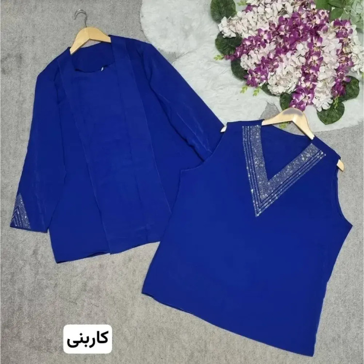 شومیز دوتیکه زنانه مدل ماهرو جنس الیزه درجه یک با نگین کاری