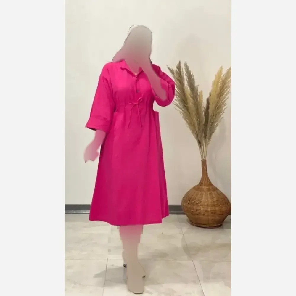 کفتان زنانه لنین کمر گت دار فری سایز دارای جیب و چاک پشت