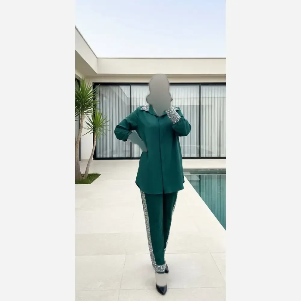 ست شومیز شلوار زنانه جنس مازراتی نگیندار و مروارید دوزی شده