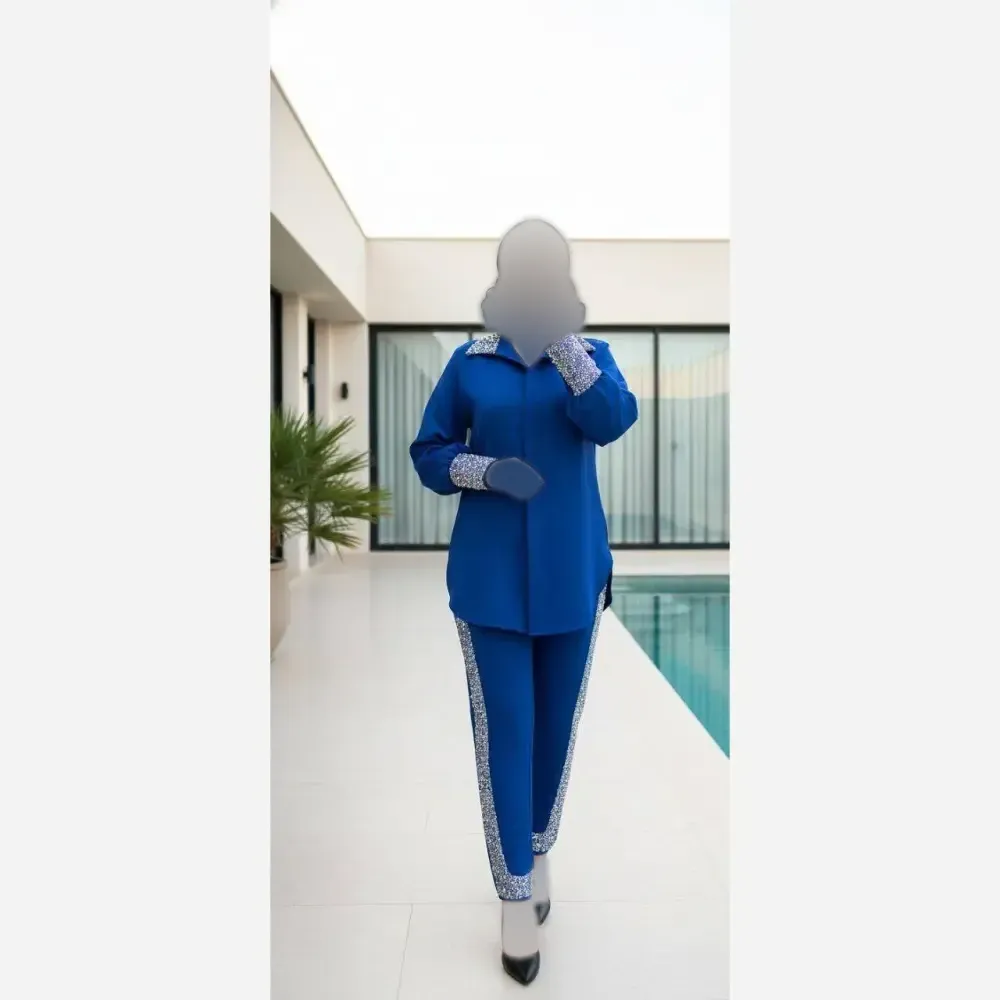 ست شومیز شلوار زنانه جنس مازراتی نگیندار و مروارید دوزی شده