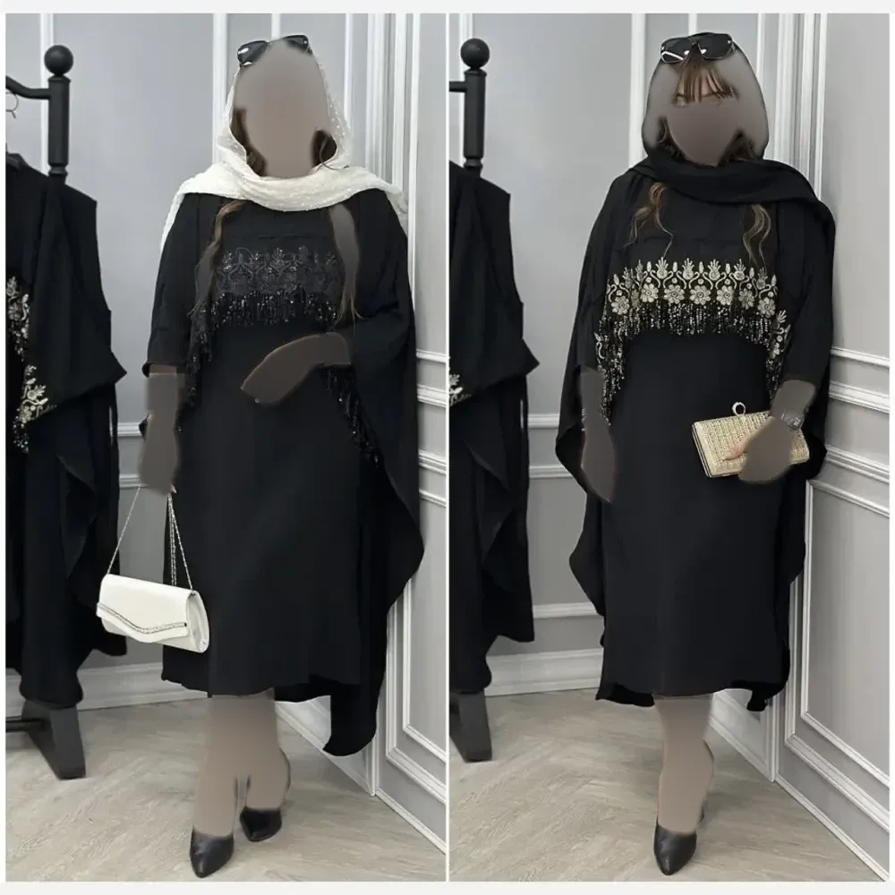 سارافون و رویه زنانه مجلسی ابروبادی با خرج کار گیپور پولک دوزی رنگ مشکی فری سایز