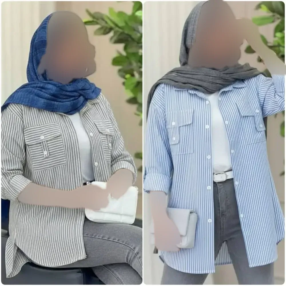 شومیز زنانه جیب صلیبی نخی راه راه فری سایز 38 تا 46