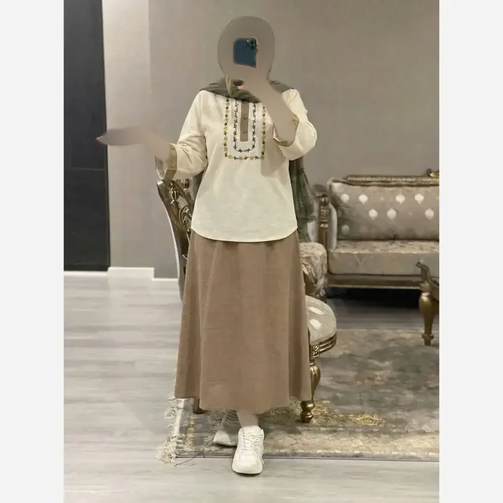 ست شومیز و دامن زنانه مدل ژیوا جنس لنین و شانتون فری سایز 38 تا 46