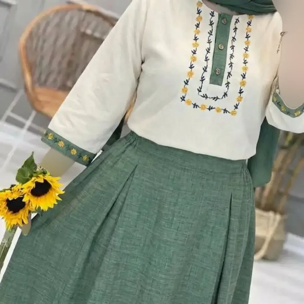 ست شومیز و دامن زنانه مدل ژیوا جنس لنین و شانتون فری سایز 38 تا 46