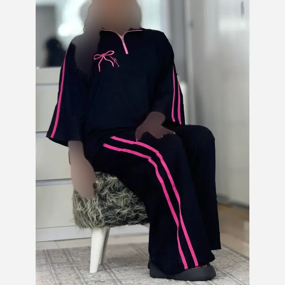 ست تیشرت و شلوار نخ پنبه زنانه ست ژاله رنگ سفید مشکی و صورتی مشکی سایز فری 38 تا 46