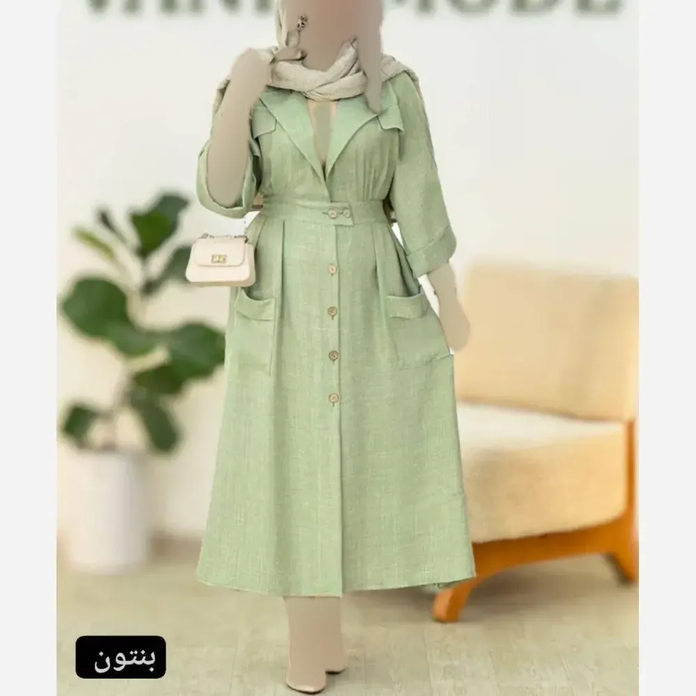 مانتو شانتون لینن دکمه دار زنانه تابستانه رنگ موکا قد 125