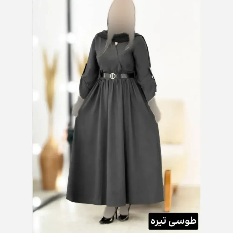 پیراهن بلند زنانه مدل آنجولینا جنس الیزه فری سایز تا 48 با کمربند چرمی