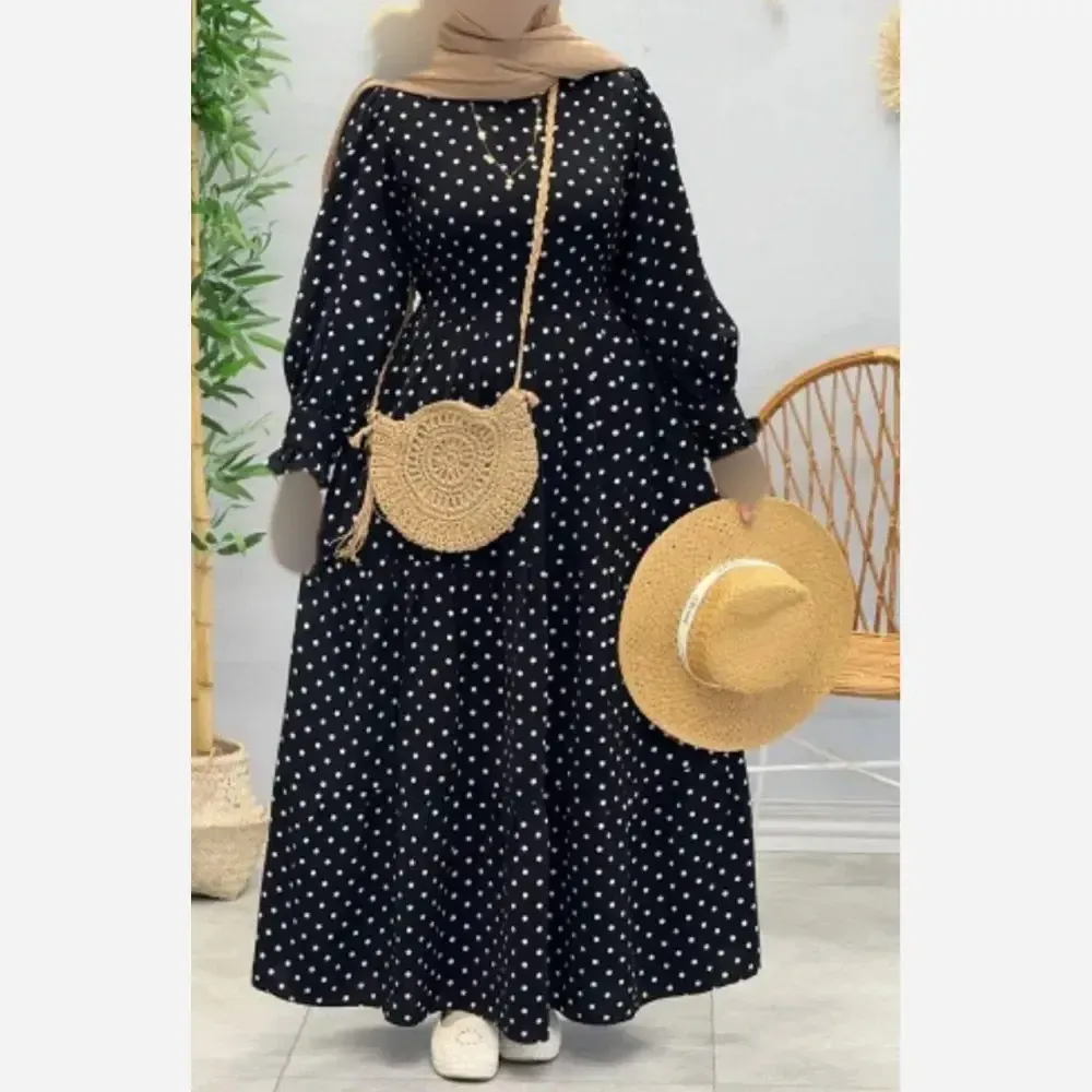 پیراهن بلند زنانه طرح توپی جنس بوگاتی کمربند دار سایز بزرگ تا 48
