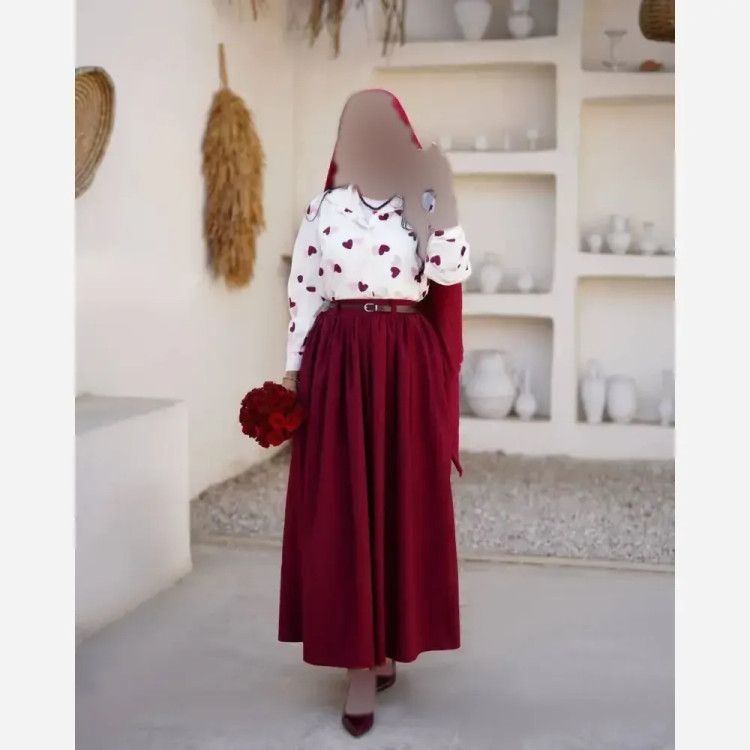 ست سه تیکه زنانه مدل پرنسس شومیز بوگاتی و دامن داکرون فری سایز تا 46 با کمربند چرم