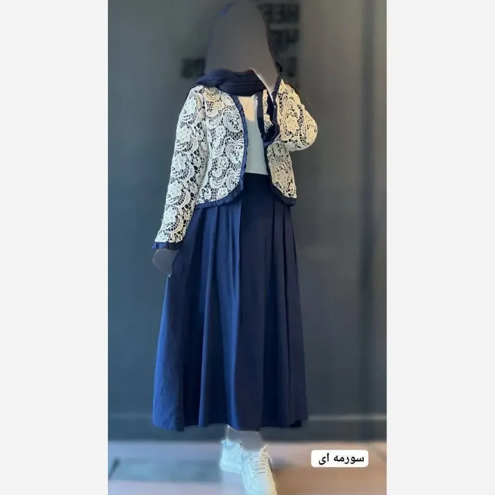 شومیز و دامن ترمه شانتون و دانتل فری سایز تا 46 در رنگبندی مشکی، سورمه ای، سبز و بنتون