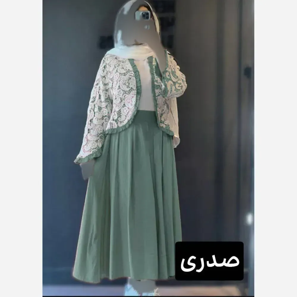 شومیز و دامن ترمه شانتون و دانتل فری سایز تا 46 در رنگبندی مشکی، سورمه ای، سبز و بنتون