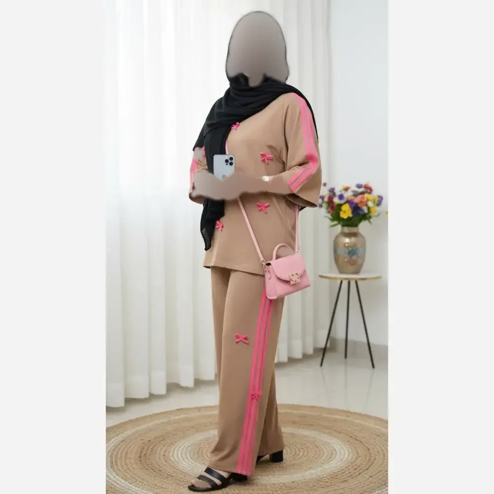 ست لباس زنانه مدل پاپیون جنس گلگسی پنبه درجه یک رنگ نسکافه ای فری سایز