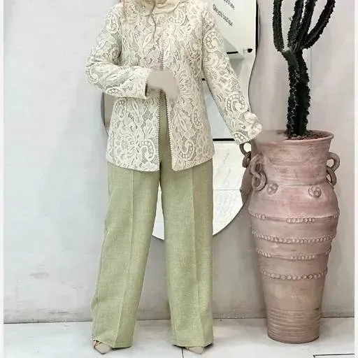 ست مانتو و شلوار مجلسی گیپور و مازراتی مروارید دوزی شده زنانه