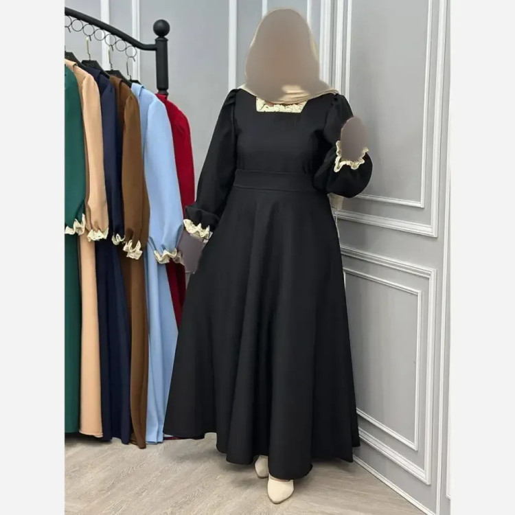 پیراهن زنانه یقه گیپور مدل شهرزاد رنگ مشکی سایز فری 38 تا 46