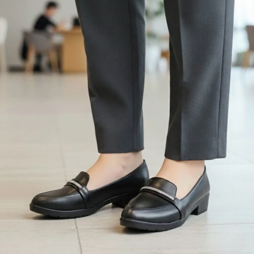 کفش کالج زنانه مشکی چرم شرکتی با زیره پی وی سی مناسب پیاده روی و اداری