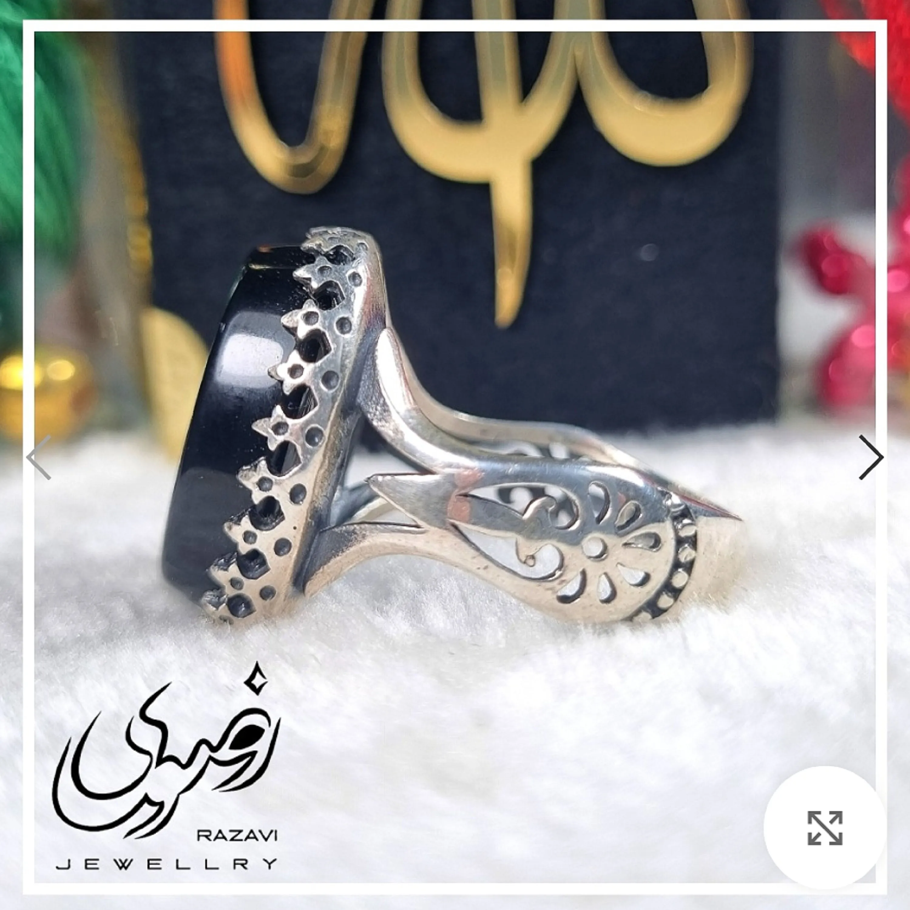 انگشتر مردانه عقیق مشکی با حکاکی دست استاد فتح و رکاب آلیاژ نقره روس