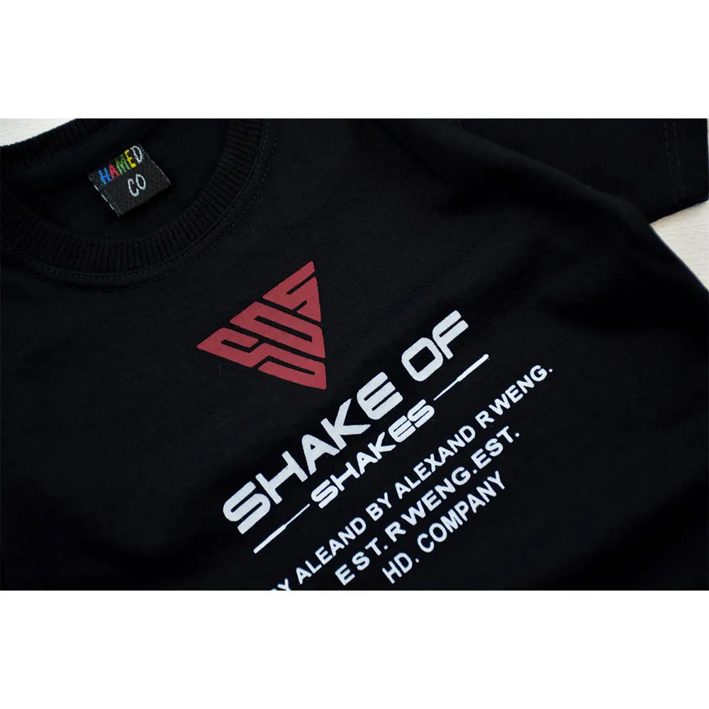 تیشرت پسرانه یقه گرد مشکی طرح SHAKE OF جنس ویسکوز