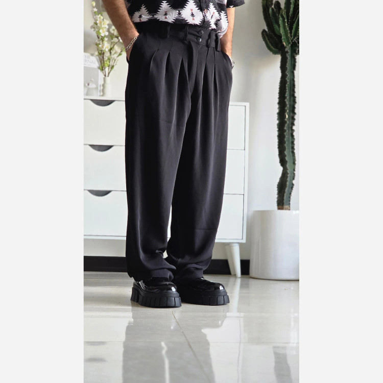 شلوار بگ پارچه ای زنانه مدل پیله دار جنس کاترین رنگ مشکی سایز L تا 3XL