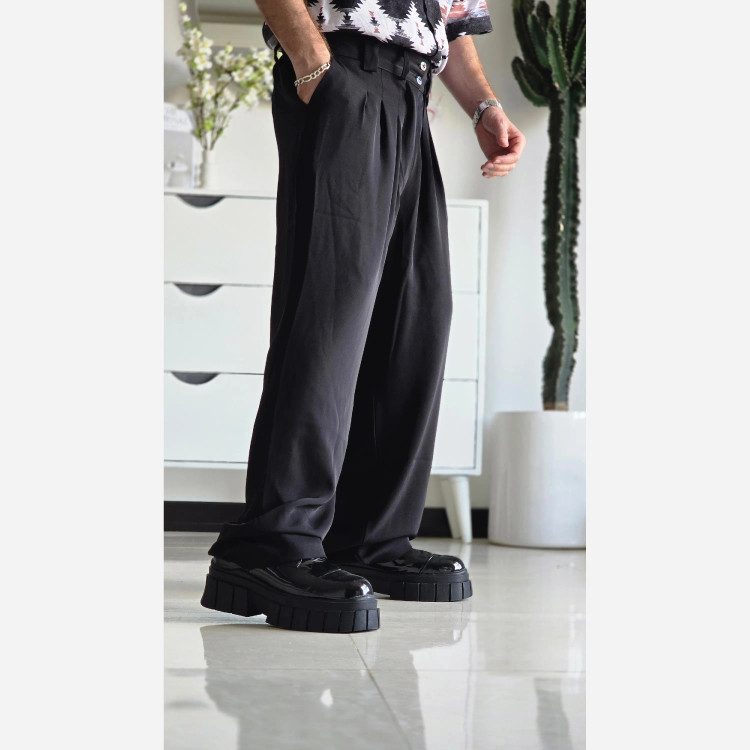 شلوار بگ پارچه ای زنانه مدل پیله دار جنس کاترین رنگ مشکی سایز L تا 3XL