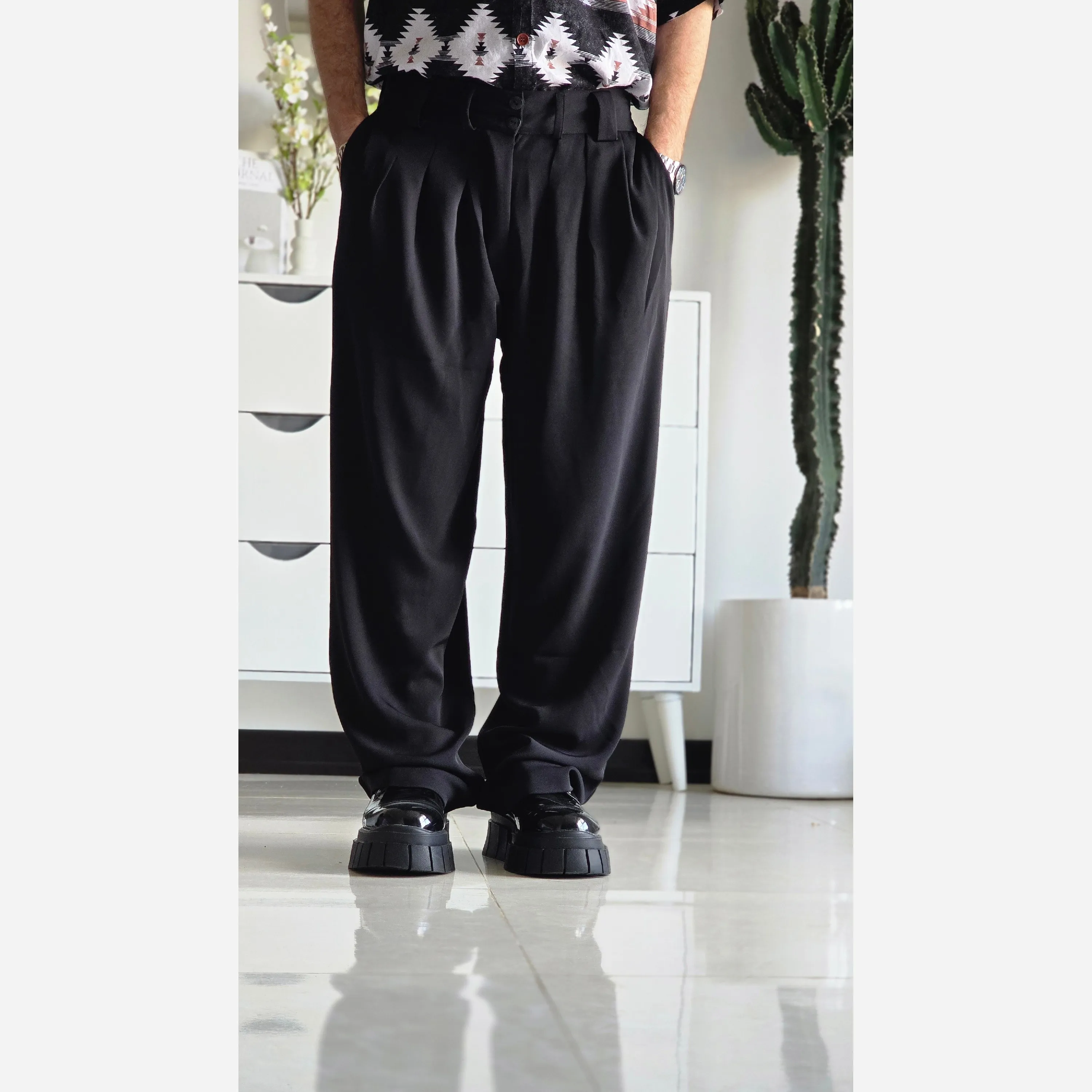 شلوار بگ پارچه ای زنانه مدل پیله دار جنس کاترین رنگ مشکی سایز L تا 3XL