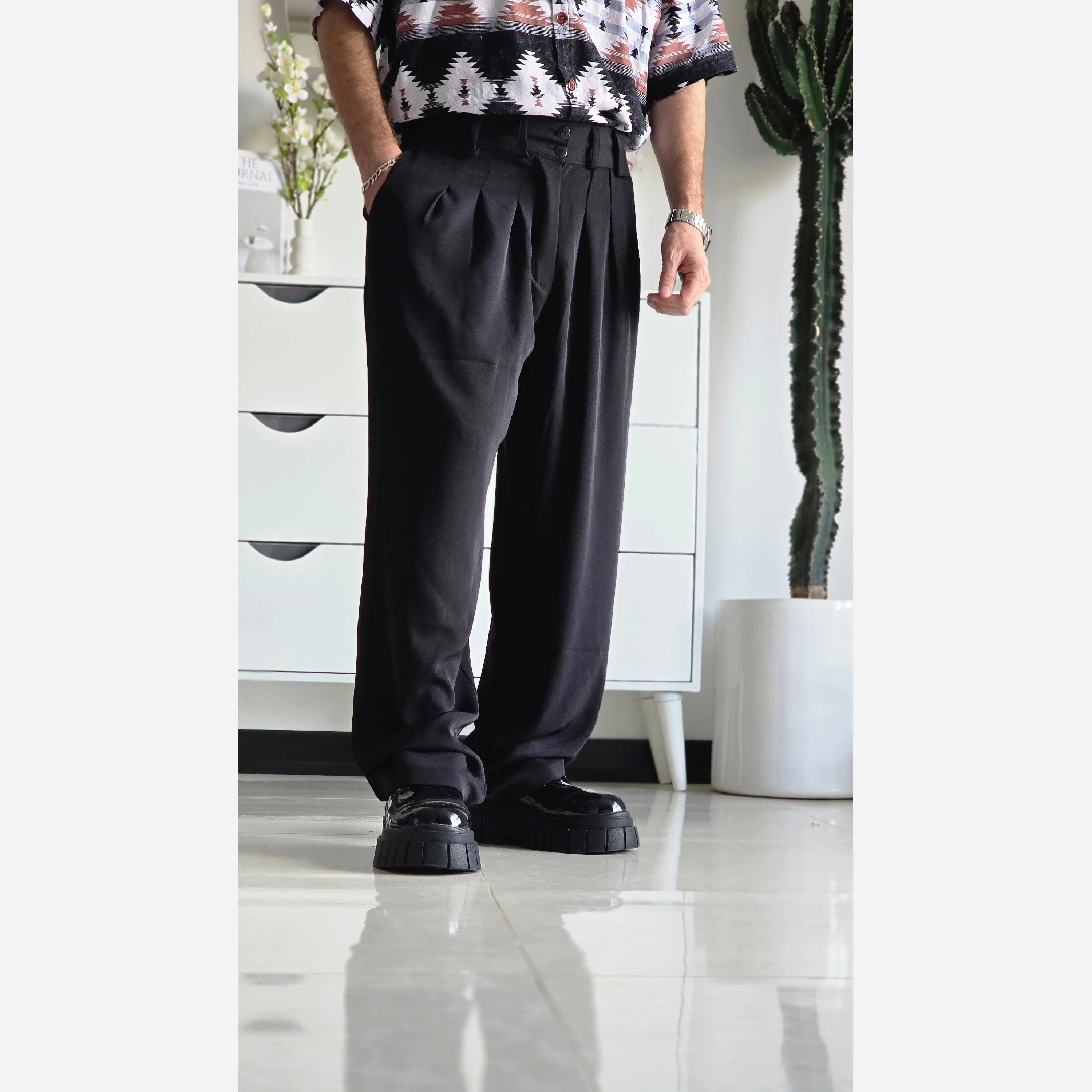 شلوار بگ پارچه ای زنانه مدل پیله دار جنس کاترین رنگ مشکی سایز L تا 3XL