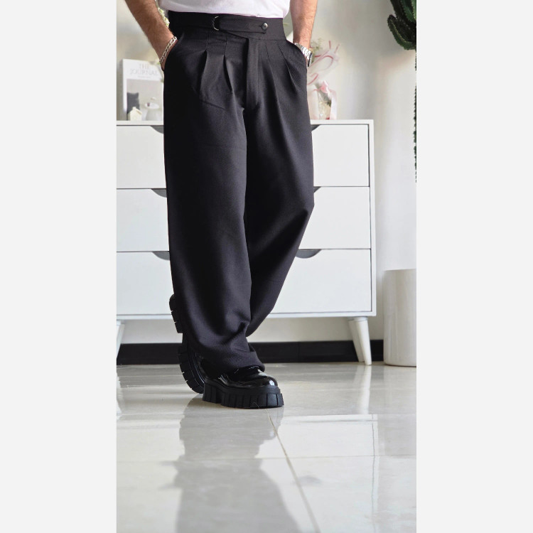 شلوار بگ پارچه ای کجراه مشکی کمر ایتالیایی پیله دار زنانه سایز L تا 3XL