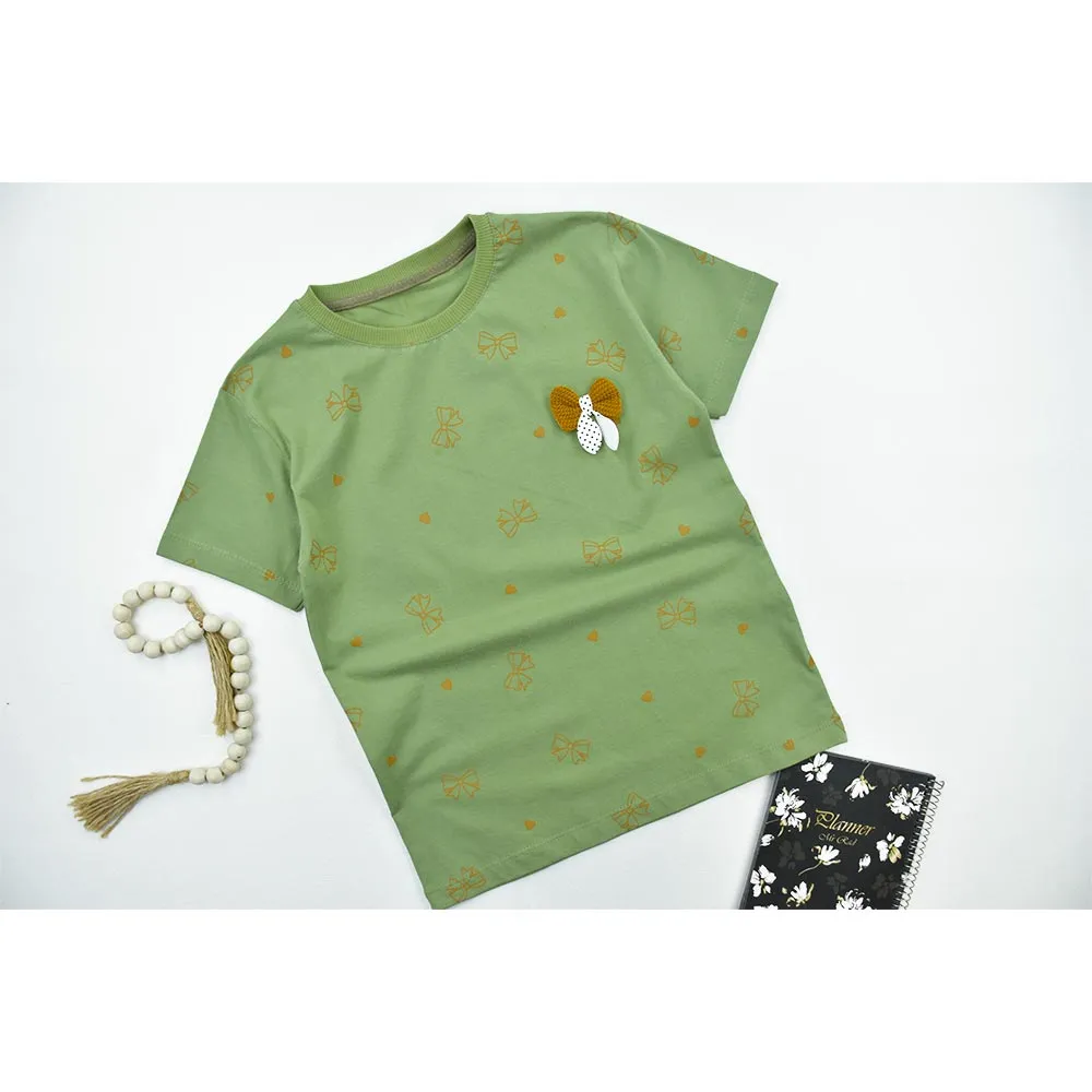 تیشرت دخترانه یقه گرد طرح پاپیونی پنبهای کد 11432