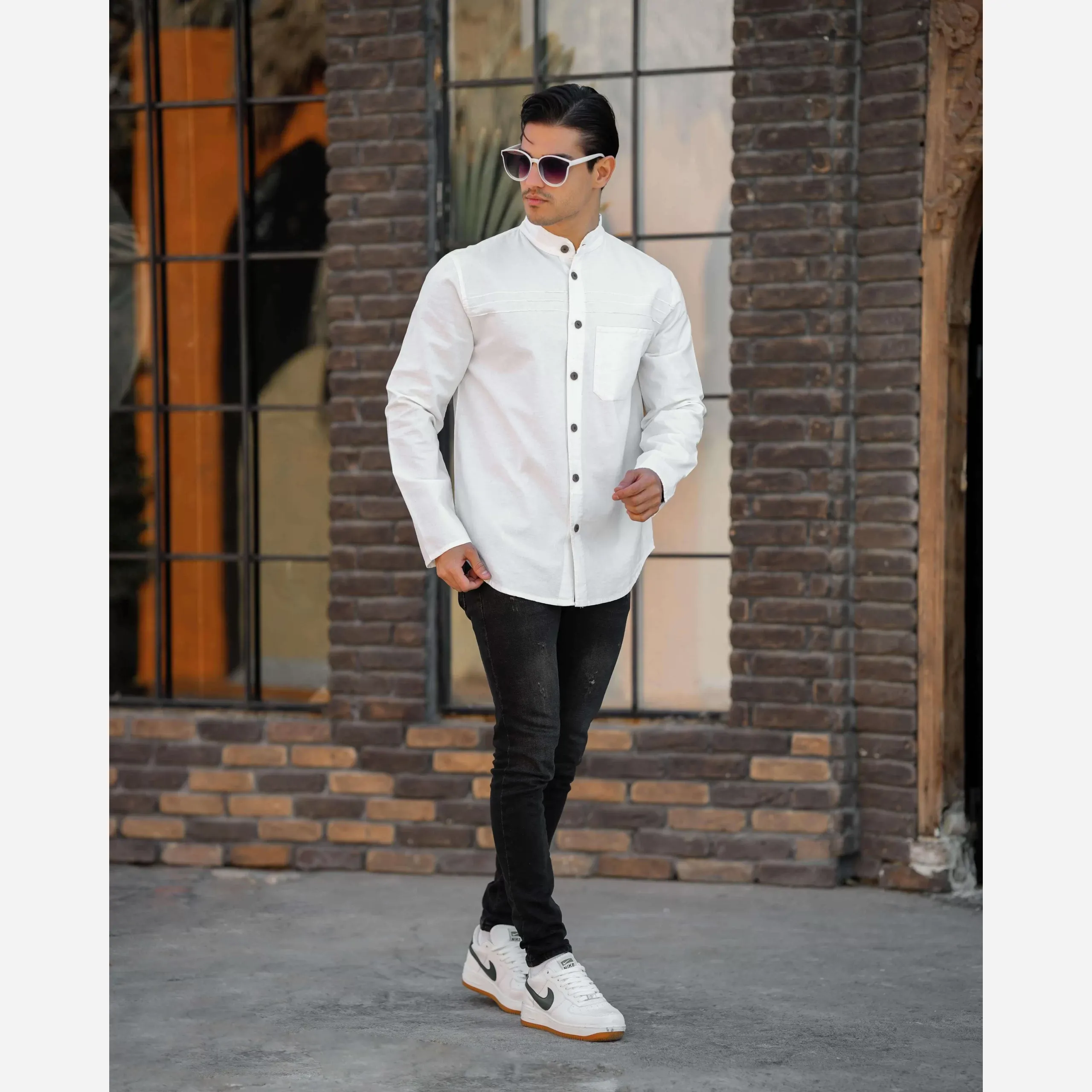 پیراهن مردانه الیاف طبیعی تمام دکمه سه خط رنگ سفید 100 درصد پنبه
