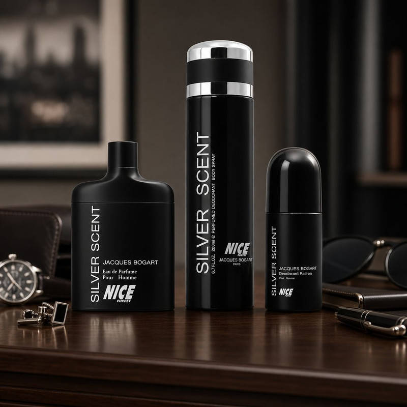 ست ادوپرفیوم مردانه نایس پاپت مدل Silver Scent SET با رایحه گرم و چوبی حجم 85 میلی لیتر و اسپری مردانه نایس پاپت مدل Silver Scent با رایحه گرم و شرقی حجم 200 میلی لیتر و رول دئودورانت مردانه نایس پاپت مدل Silver Scent با رایحه گرم و شیرین حجم 60 میلی لیتر