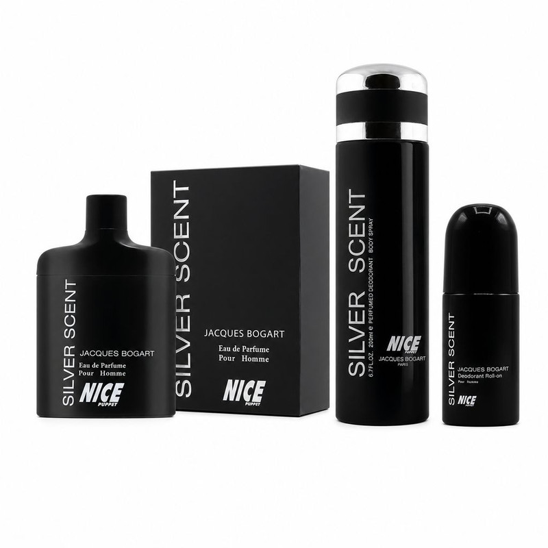 ست ادوپرفیوم مردانه نایس پاپت مدل Silver Scent SET با رایحه گرم و چوبی حجم 85 میلی لیتر و اسپری مردانه نایس پاپت مدل Silver Scent با رایحه گرم و شرقی حجم 200 میلی لیتر و رول دئودورانت مردانه نایس پاپت مدل Silver Scent با رایحه گرم و شیرین حجم 60 میلی لیتر