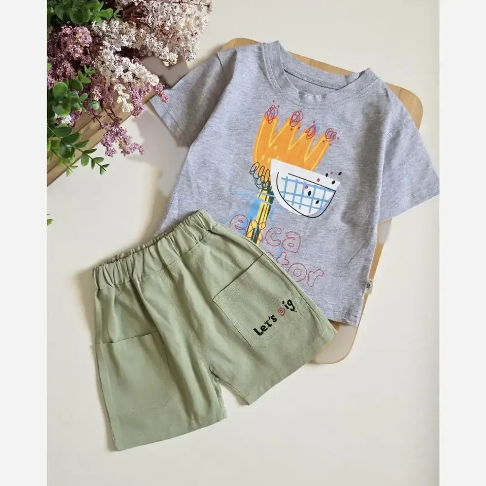 ست تیشرت و شورتک پسرانه طرح داینو وارداتی نخی تابستانه سایز 6 ماه تا 3 سال