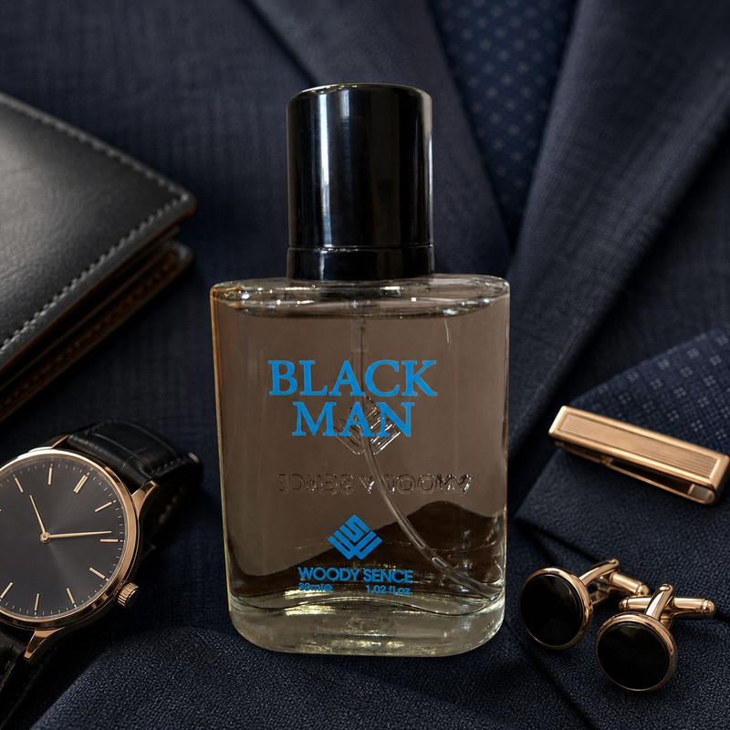 عطر جیبی مردانه وودی سنس مدل Black Man با رایحه گرم و تلخ حجم 30 میلی لیتر