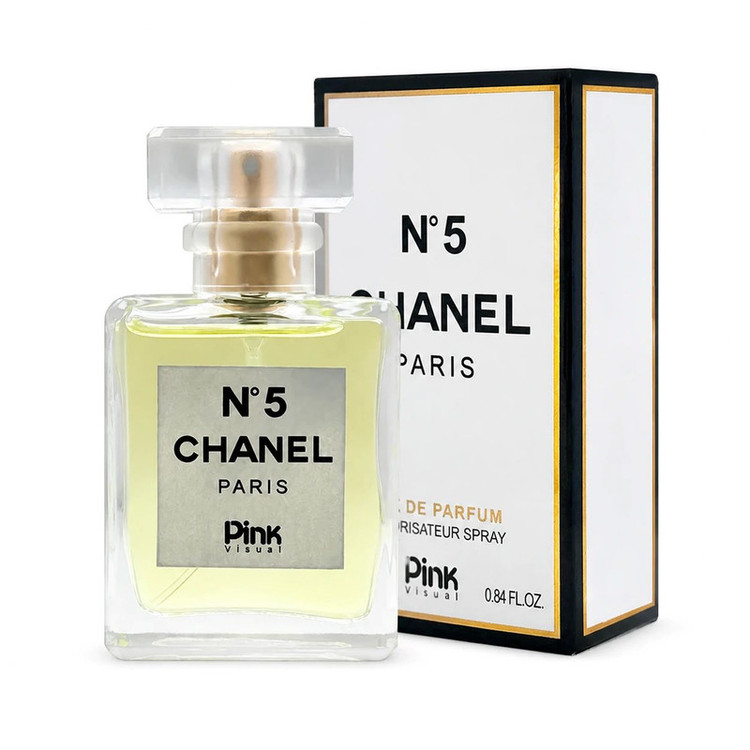 عطر جیبی زنانه پینک ویژوآل مدل Chanel N°5 با رایحه گرم و چوبی حجم 25 میلیلیتر