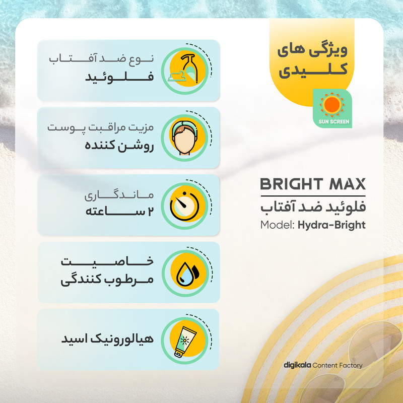 فلوئید ضدآفتاب بیرنگ برایت مکس SPF50 مدل هیدرابرایت مناسب انواع پوست، حجم 50 میلیلیتر