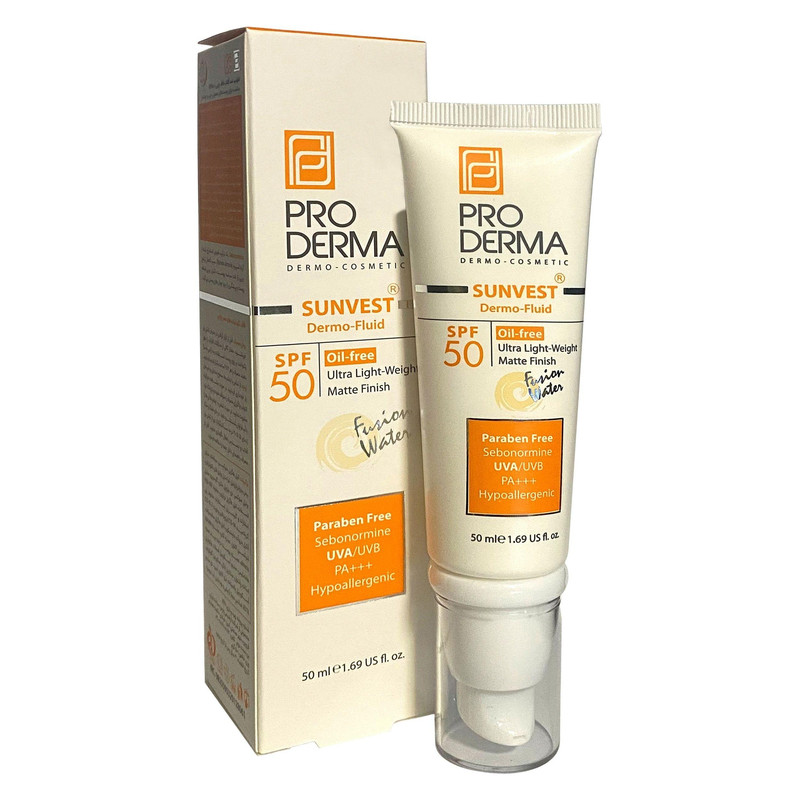 کرم ضد آفتاب بدون رنگ پرودرما SPF50 مدل فلوئید محافظ PA+++ ،UVA ،UVB، تنظیم ترشح چربی پوست، ضد جوش و آکنه، مناسب پوست های معمولی حجم 50 میلیلیتر