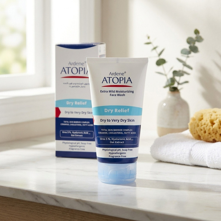 لوسیون شوینده و مرطوب کننده پوست خشک آردن آتوپیا مدل Dry Relief حجم 150 میلیلیتر، فاقد صابون و پارابن، حاوی روغن گیاهی، مناسب شستشو و استحمام روزانه صورت