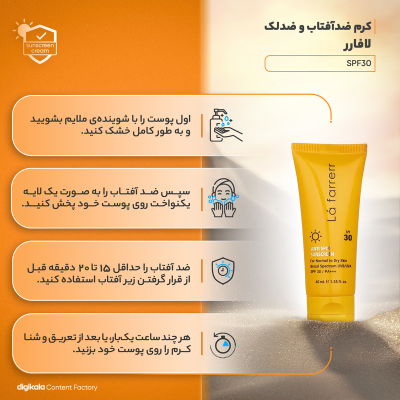 کرم ضدآفتاب و ضدلک بیرنگ لافارر مدل SPF30، مناسب پوستهای خشک و معمولی، حجم 40 میلیلیتر