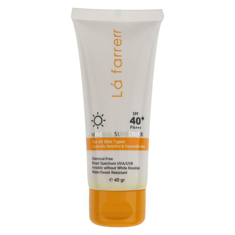 کرم ضد آفتاب بدون رنگ لافارر SPF 40 مدل مینرال حاوی محافظ UVA و UVB و PA+++مناسب پوستهای حساس حجم 40 میلیلیتر